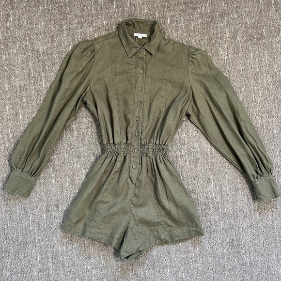 WeWoreWhat Linen Smocked-Waist Puff-Sleeve Romper Olive Green Size XS - Picture 3 of 10